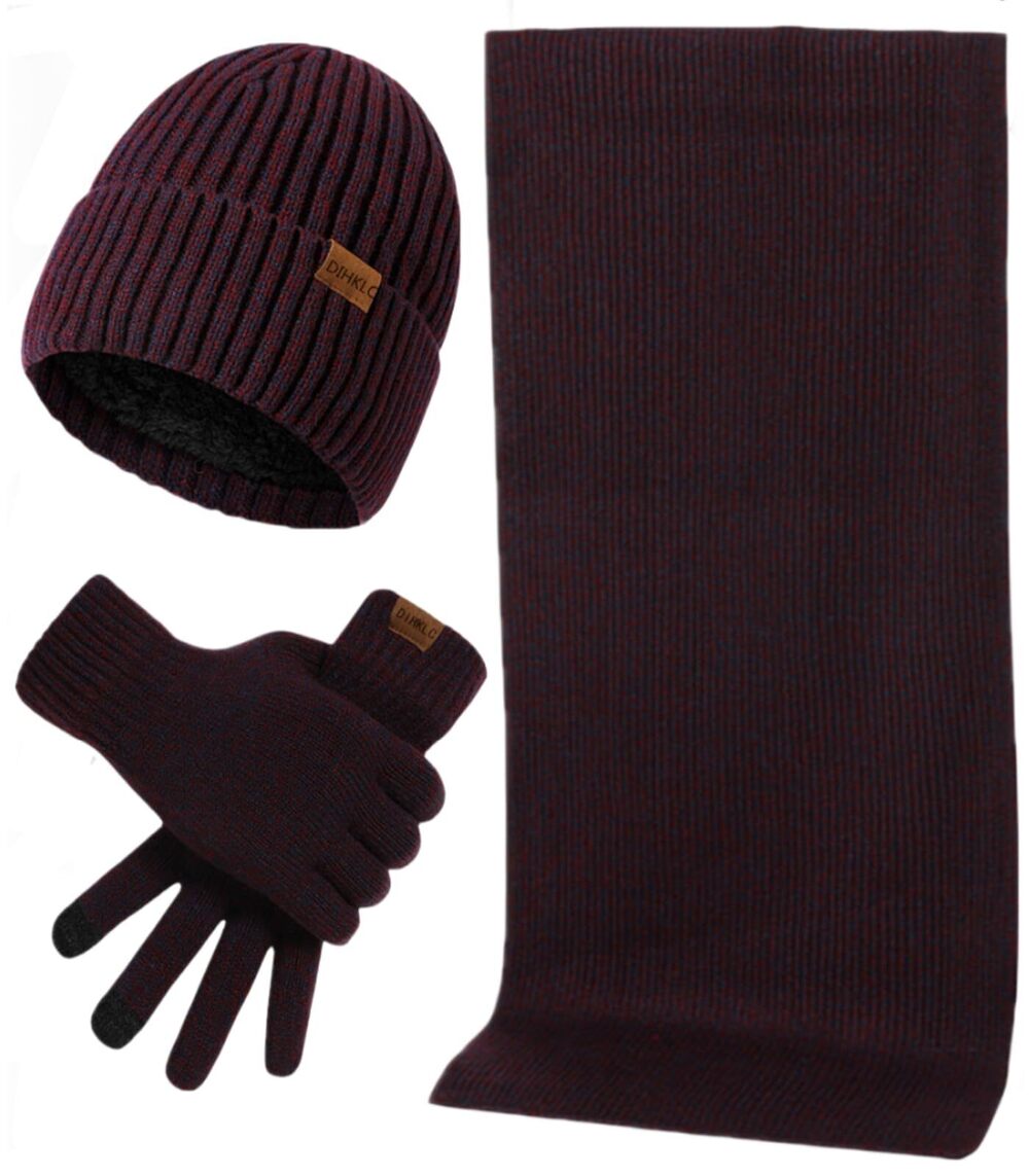 9155 Winter Hat Scarf Glove set 3 Pcs Touchscreen Anti Slip Gloves Knit